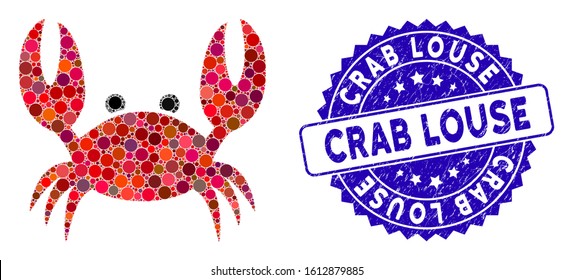 Mosaic crab icon and rubber stamp seal with Crab Louse text. Mosaic vector is composed with crab icon and with randomized spheric items. Crab Louse stamp seal uses blue color, and distress texture.
