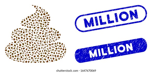 Mosaic crap and rubber stamp seals with Million phrase. Mosaic vector crap is created with random oval parts. Million stamp seals use blue color, and have round rectangle shape.