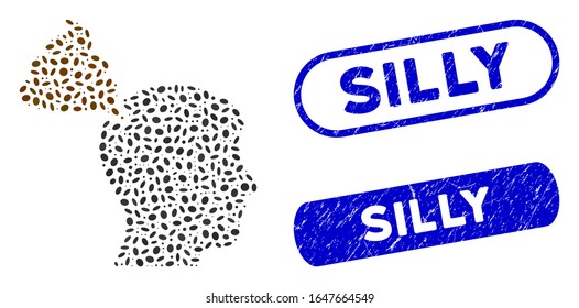 Persona de pensamiento loco y sellos de sellos corroídos con texto en Silly. La persona de pensamiento de la basura vectorial mosaico está compuesta por partes ovales dispersas. Las juntas de estanqueidad utilizan el color azul,
