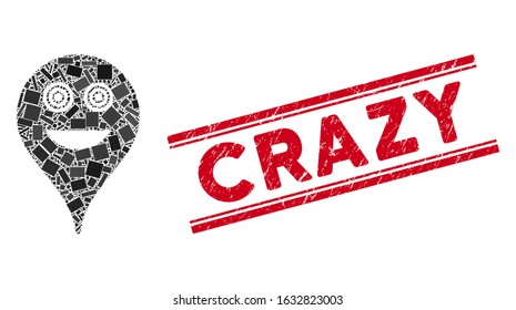 Mosaic crazy smiley map marker pictogram and red Crazy stamp between double parallel lines. Flat vector crazy smiley map marker mosaic pictogram of random rotated rectangle items.