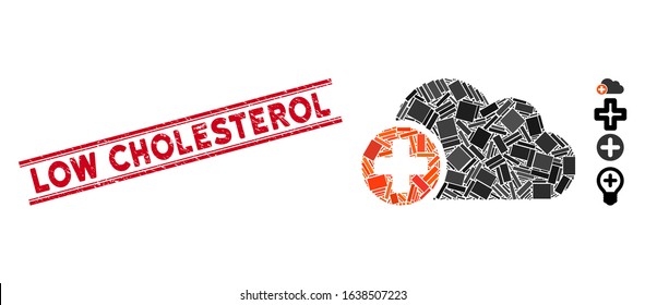 Mosaic create cloud icon and red Low Cholesterol seal stamp between double parallel lines. Flat vector create cloud mosaic icon of random rotated rectangular items.