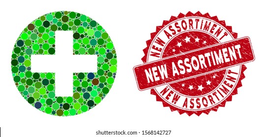 Mosaic create and corroded stamp seal with New Assortiment caption. Mosaic vector is designed with create icon and with scattered circle items. New Assortiment seal uses red color,