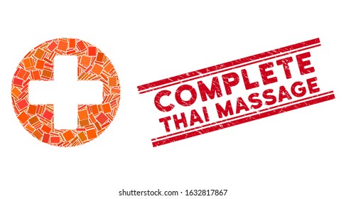 Mosaic create cross pictogram and red Complete Thai Massage seal stamp between double parallel lines. Flat vector create cross mosaic pictogram of randomized rotated rectangular items.