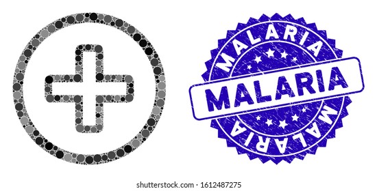 Mosaic create icon and distressed stamp watermark with Malaria caption. Mosaic vector is created with create pictogram and with randomized circle elements. Malaria stamp seal uses blue color,