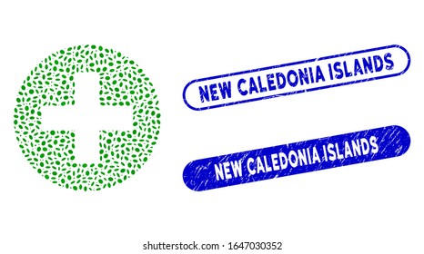 Mosaic create and rubber stamp watermarks with New Caledonia Islands text. Mosaic vector create is formed with scattered elliptic pieces. New Caledonia Islands stamp seals use blue color,