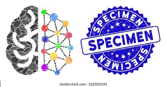 Mosaic creative brain icon and distressed stamp watermark with Specimen caption. Mosaic vector is formed with creative brain icon and with randomized oval items. Specimen stamp uses blue color,