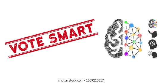Mosaic creative brain icon and red Vote Smart stamp between double parallel lines. Flat vector creative brain mosaic pictogram of randomized rotated rectangular items.