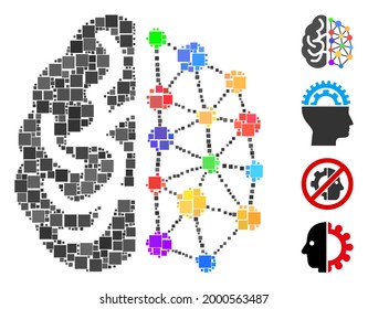 Mosaic Creative brain icon united from square items in various sizes and color hues. Vector square items are arranged into abstract mosaic creative brain icon. Bonus pictograms are added.