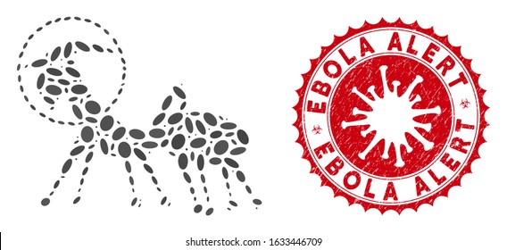 Mosaic creature skafandr icon and red round distressed stamp seal with Ebola Alert text and coronavirus symbol. Mosaic vector is formed from creature skafandr icon and with randomized elliptic items.