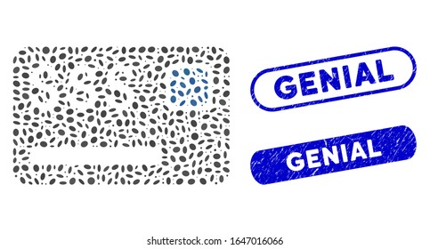 Mosaic credit card and distressed stamp seals with Genial text. Mosaic vector credit card is composed with scattered elliptic items. Genial stamp seals use blue color, and have round rectangle shape.