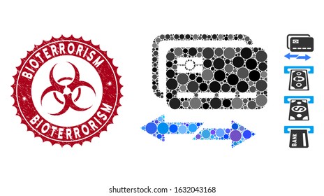 Mosaic credit card exchange icon and corroded stamp watermark with Bioterrorism phrase and biohazard symbol. Mosaic vector is designed from credit card exchange icon and with random spheric items.