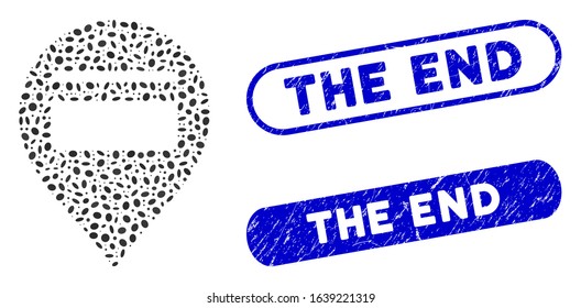 Mosaic credit card pointer and distressed stamp seals with The End text. Mosaic vector credit card pointer is formed with scattered oval dots. The End stamp seals use blue color,