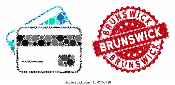 Mosaic credit cards and grunge stamp seal with Brunswick phrase. Mosaic vector is created with credit cards icon and with random round spots. Brunswick stamp seal uses red color, and grunge texture.