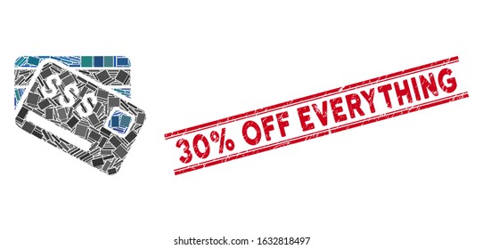 Mosaic credit cards pictogram and red 30% Off Everything seal stamp between double parallel lines. Flat vector credit cards mosaic pictogram of scattered rotated rectangular elements.