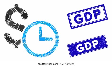 Mosaic credit icon and rectangle seals. Flat vector credit mosaic icon of random rotated rectangle items. Blue caption seal stamps with dirty surface.