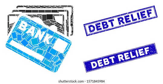 Mosaic credit money icon and rectangular Debt Relief seals. Flat vector credit money mosaic pictogram of randomized rotated rectangular items. Blue Debt Relief rubber seals with rubber surface.