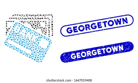 Mosaic credit money and rubber stamp seals with Georgetown caption. Mosaic vector credit money is created with randomized ellipse elements. Georgetown seals use blue color,
