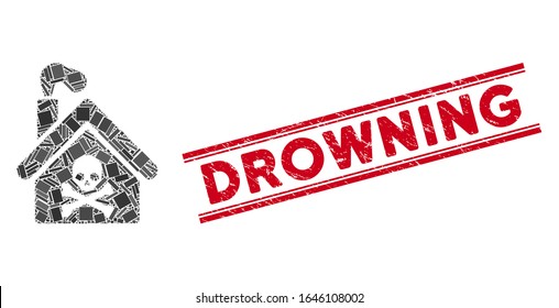 Mosaic crematory building icon and red Drowning watermark between double parallel lines. Flat vector crematory building mosaic icon of scattered rotated rectangular elements.