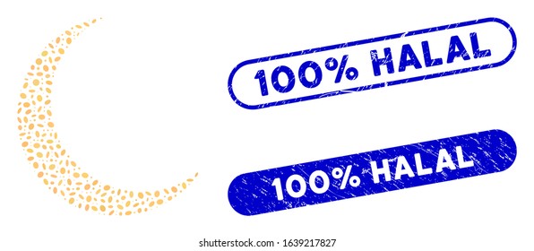 Mosaic crescent and corroded stamp watermarks with 100% Halal phrase. Mosaic vector crescent is formed with scattered elliptic parts. 100% Halal stamp seals use blue color,