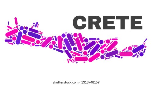 Mosaic Crete map isolated on a white background. Vector geographic abstraction in pink and violet colors. Mosaic of Crete map combined of random round dots and lines.