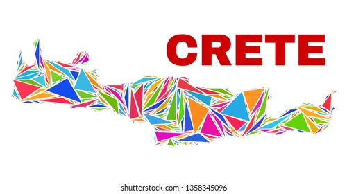 Mosaic Crete map of triangles in bright colors isolated on a white background. Triangular collage in shape of Crete map. Abstract design for patriotic purposes.