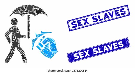 Mosaic crime coverage icon and rectangle Sex Slaves seals. Flat vector crime coverage mosaic icon of randomized rotated rectangle items. Blue Sex Slaves seals with dirty texture.