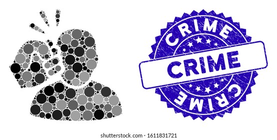 Mosaic crime violation fist strike icon and grunge stamp watermark with Crime text. Mosaic vector is formed with crime violation fist strike icon and with randomized spheric elements.