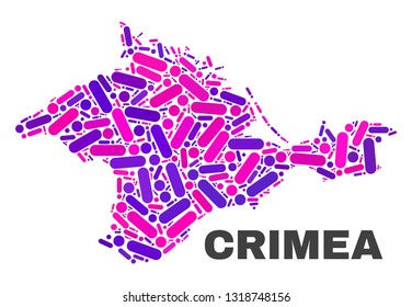 Mosaic Crimea map isolated on a white background. Vector geographic abstraction in pink and violet colors. Mosaic of Crimea map combined of random circle points and lines.