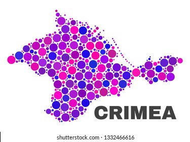 Mosaic Crimea map isolated on a white background. Vector geographic abstraction in pink and violet colors. Mosaic of Crimea map combined of scattered spheric items.