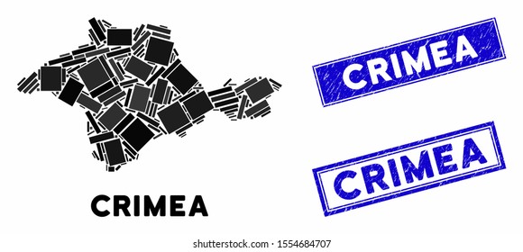 Mosaic Crimea map and rectangle seals. Flat vector Crimea map mosaic of random rotated rectangle items. Blue caption rubber seals with rubber textures. Designed for political and patriotic promotion.