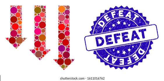 Mosaic crisis direction icon and corroded stamp seal with Defeat phrase. Mosaic vector is designed with crisis direction icon and with randomized circle elements. Defeat stamp seal uses blue color,