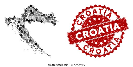 Mosaic Croatia map and circle seal. Flat vector Croatia map mosaic of scattered circle elements. Red seal stamp with grunged style. Designed for political and patriotic posters.
