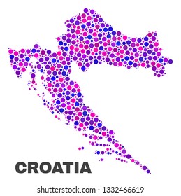 Mosaic Croatia map isolated on a white background. Vector geographic abstraction in pink and violet colors. Mosaic of Croatia map combined of scattered round items.