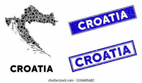 Mosaic Croatia map and rectangle seal stamps. Flat vector Croatia map mosaic of randomized rotated rectangle items. Blue caption stamps with corroded surface.
