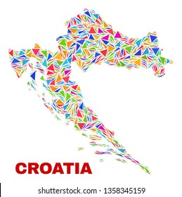 Mosaic Croatia map of triangles in bright colors isolated on a white background. Triangular collage in shape of Croatia map. Abstract design for patriotic illustrations.