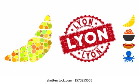 Mosaic croissant icon and grunge stamp seal with Lyon caption. Mosaic vector is designed with croissant icon and with scattered spheric items. Lyon stamp uses red color, and distress surface.
