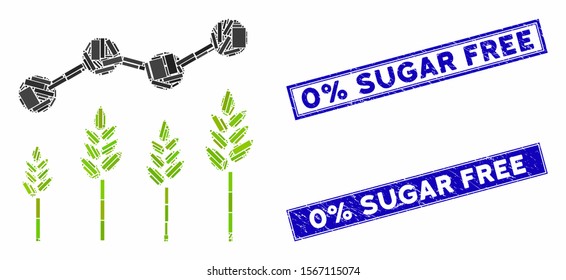 Mosaic crop analytics pictogram and rectangle rubber prints. Flat vector crop analytics mosaic pictogram of randomized rotated rectangle elements. Blue caption rubber seals with dirty textures.