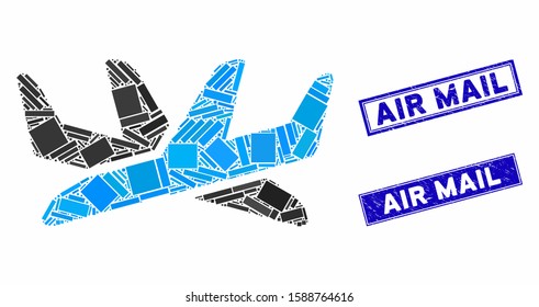 Mosaic crossing airplanes pictogram and rectangular watermarks. Flat vector crossing airplanes mosaic pictogram of random rotated rectangular elements. Blue caption seal stamps with corroded surface.