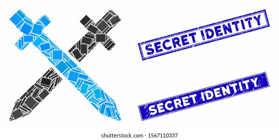 Mosaic crossing swords icon and rectangle seals. Flat vector crossing swords mosaic icon of scattered rotated rectangle items. Blue caption seals with distress texture.