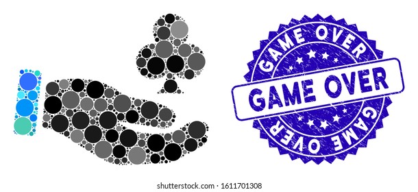 Mosaic croupier hand icon and grunge stamp watermark with Game Over text. Mosaic vector is created with croupier hand icon and with randomized spheric spots. Game Over stamp uses blue color,