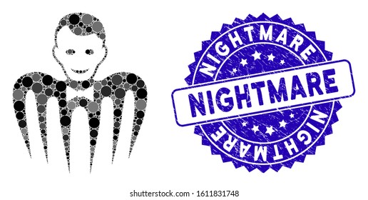 Mosaic croupier monster icon and rubber stamp seal with Nightmare text. Mosaic vector is formed with croupier monster pictogram and with scattered round elements. Nightmare stamp seal uses blue color,