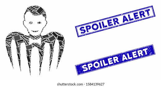 Mosaic croupier monster pictogram and rectangular Spoiler Alert seal stamps. Flat vector croupier monster mosaic pictogram of random rotated rectangular elements.