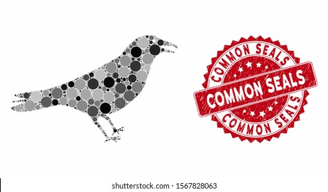 Mosaic crow and corroded stamp seal with Common Seals text. Mosaic vector is designed with crow icon and with random spheric elements. Common Seals seal uses red color, and dirty design.