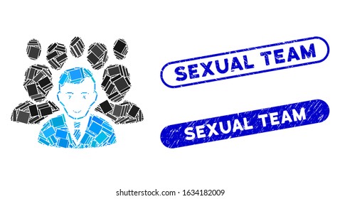 Mosaic crowd and corroded stamp seals with Sexual Team phrase. Mosaic vector crowd is composed with randomized rectangles. Sexual Team stamp seals use blue color, and have round rectangle shape.