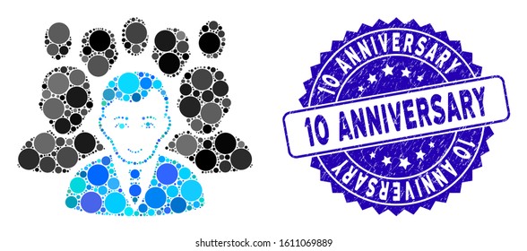 Mosaic crowd icon and distressed stamp seal with 10 Anniversary phrase. Mosaic vector is created with crowd icon and with scattered circle spots. 10 Anniversary stamp seal uses blue color,