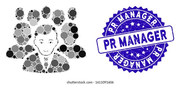 Mosaic crowd icon and grunge stamp watermark with Pr Manager caption. Mosaic vector is composed from crowd icon and with scattered spheric spots. Pr Manager stamp uses blue color, and grunge surface.