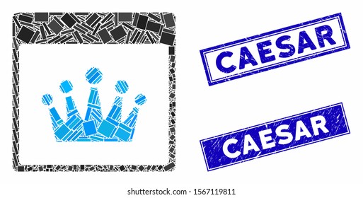 Mosaic crown calendar page pictogram and rectangular stamps. Flat vector crown calendar page mosaic pictogram of scattered rotated rectangular elements. Blue caption stamps with scratched texture.