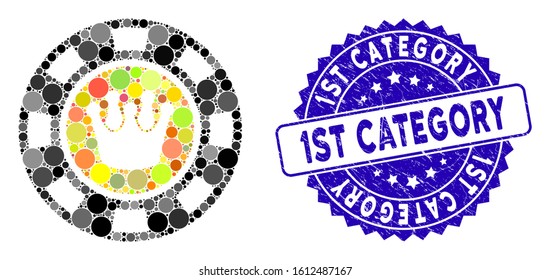 Mosaic crown casino chip icon and distressed stamp seal with 1St Category text. Mosaic vector is created with crown casino chip icon and with scattered circle elements.
