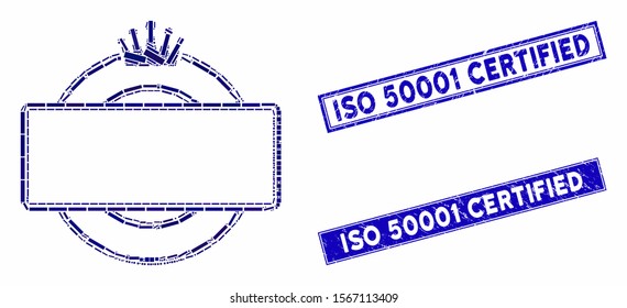 Mosaic crown round and rectangle frame icon and rectangle stamps. Flat vector crown round and rectangle frame mosaic icon of random rotated rectangle items. Blue caption stamps with corroded surface.