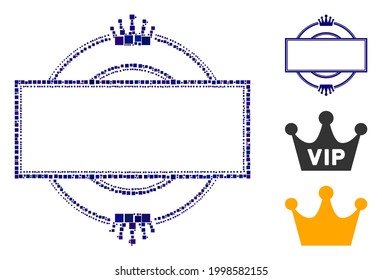 Mosaic Crown round and rectangle frame icon constructed from square items in random sizes and color hues. Vector square items are composed into abstract mosaic crown round and rectangle frame icon.